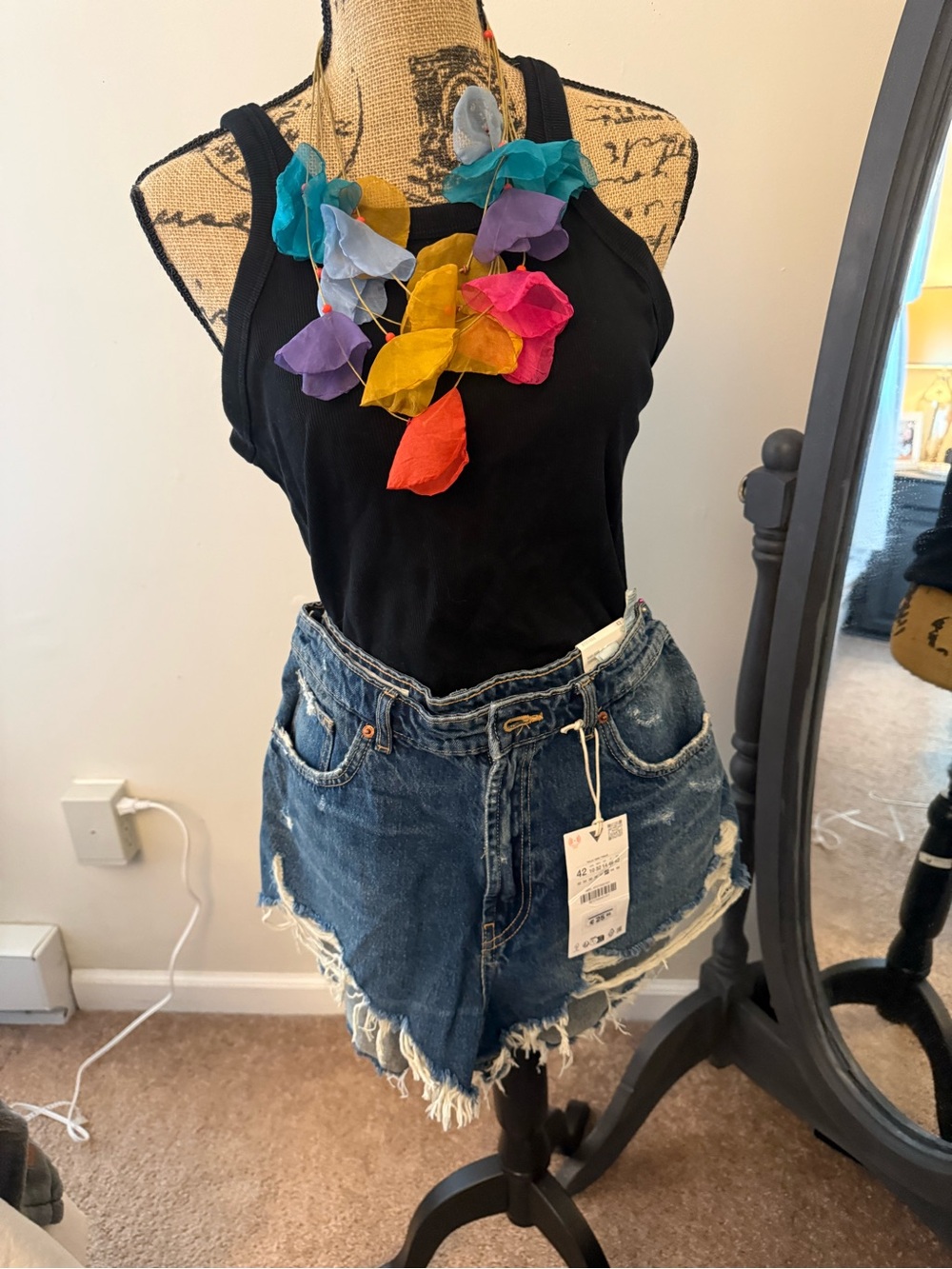 Zara Black Tank with Blue Distressed Denim Cutoff Shorts